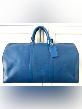 LOUIS VUITTON Keepall 50 Blue Epi Leather Travel Duffle Bag Weekender + Tag